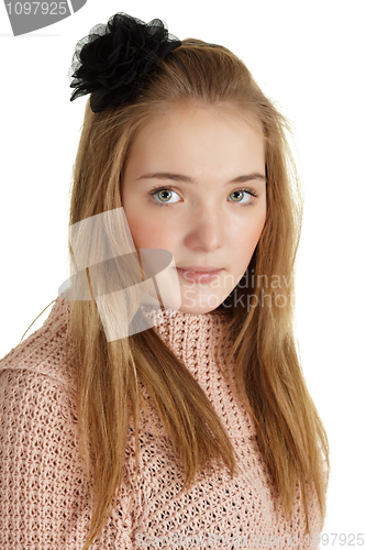 Image of Beautiful young girl with black mourning bow