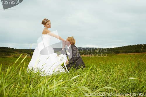 Image of Groom kisses hand of bride in field