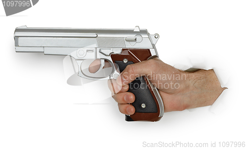 Image of Hand with pistol on white background