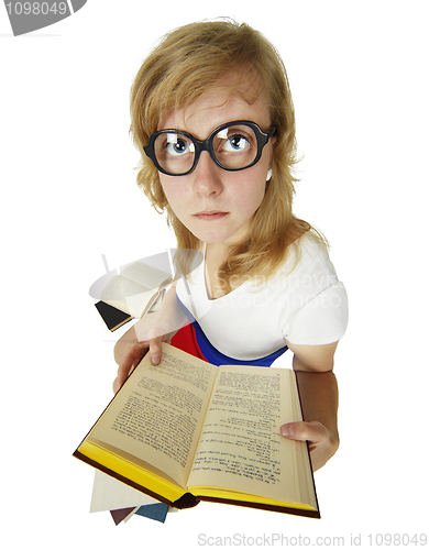 Image of Girl in old heavy glasses read books