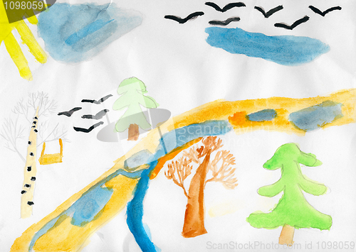 Image of Child drawing wooden landscape
