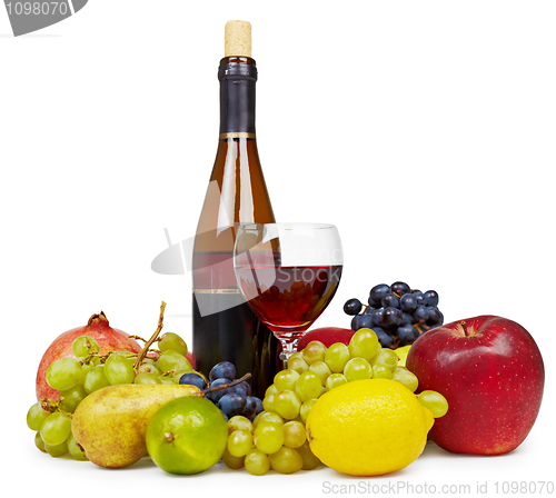 Image of Still life of fruit and wine on white