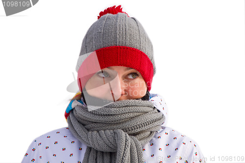 Image of woman wrapped in a gray scarf