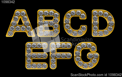 Image of Golden A, B, C, D, E, F, G letters incrusted with diamonds