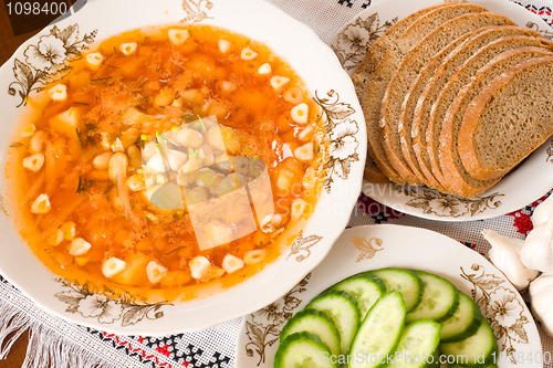 Image of Ukrainian restaurant - borsch, black bread