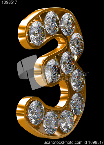 Image of Golden 3 numeral incrusted with diamonds