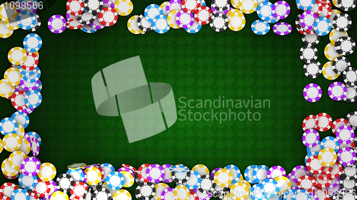 Image of Casino or roulette chips frame on green table