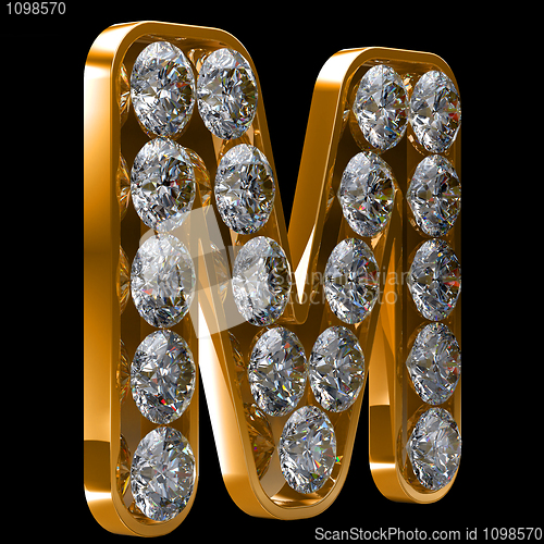Image of Golden M letter incrusted with diamonds