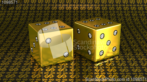 Image of Two golden dies with gems over US dollar background