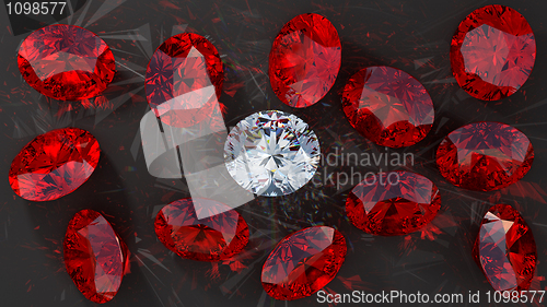 Image of Crystal diamond among red rubies