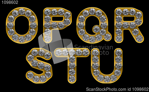 Image of Golden O, P, R, S, T, Q, U letters incrusted with diamonds