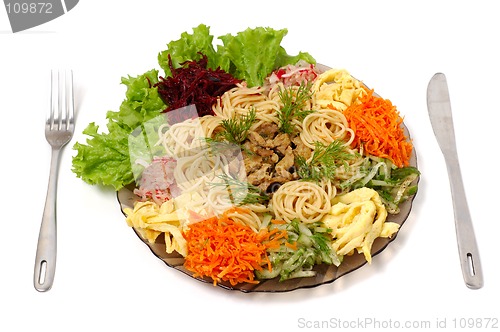 Image of Spaghetti with beef and vegetables isolated food dish