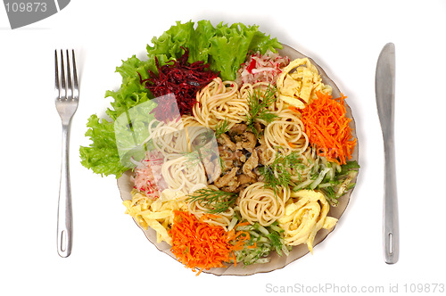 Image of Spaghetti with beef and vegetables isolated food dish