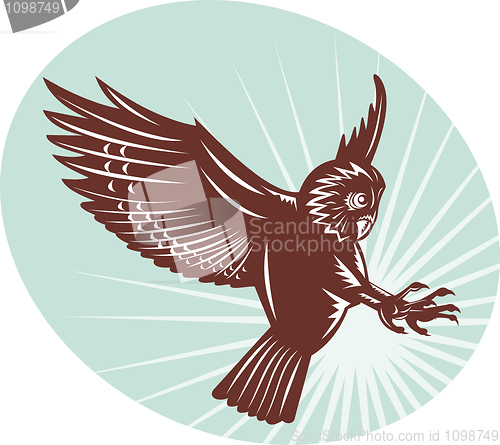 Image of Owl swooping woodcut style
