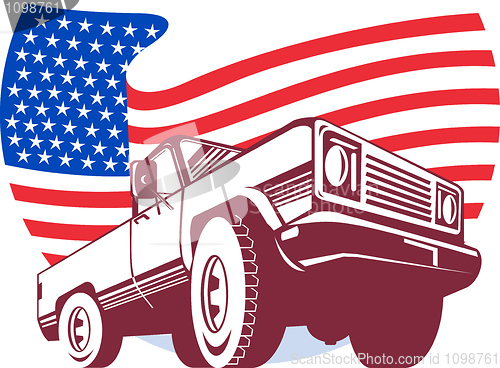 Image of American Pickup truck with stars and stripes flag