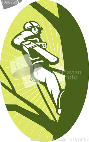 Image of tree surgeon or arborist chainsaw cutting tree