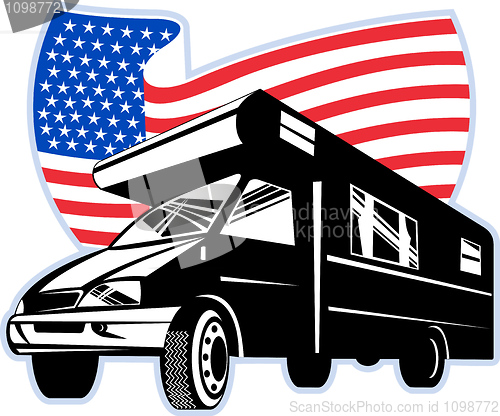 Image of Camper van with american with stars and stripes flag