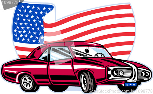 Image of American muscle car with stars and stripes flag