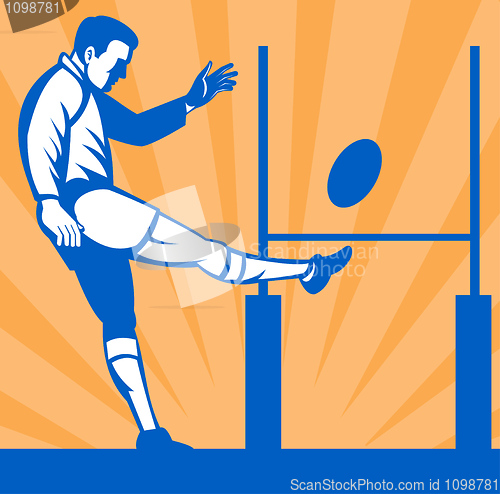 Image of Rugby player kicking ball at goal post