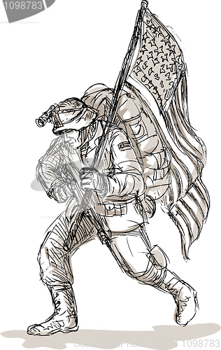 Image of American soldier in full battle gear carrying flag