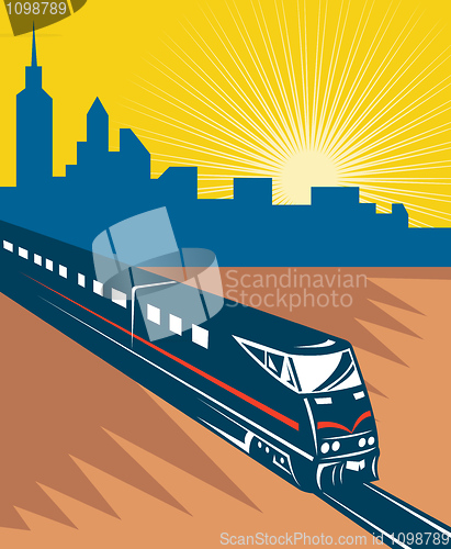 Image of Speeding passenger train city skyline