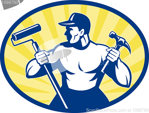 Image of carpenter painter with paint roller and hammer