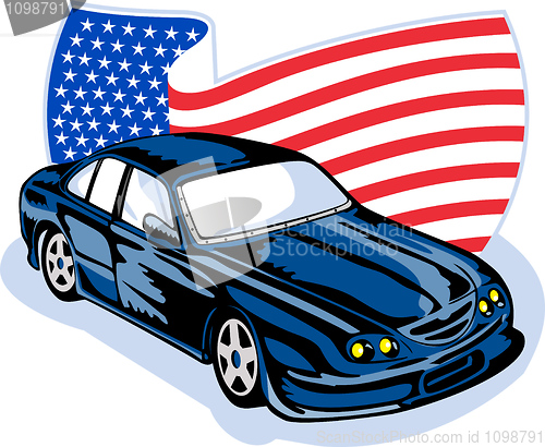 Image of muscle car with stars and stripes flag