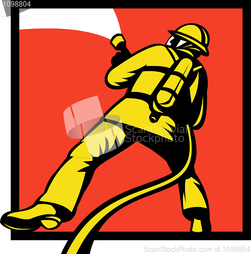 Image of Firefighter or fireman aiming a fire hose 