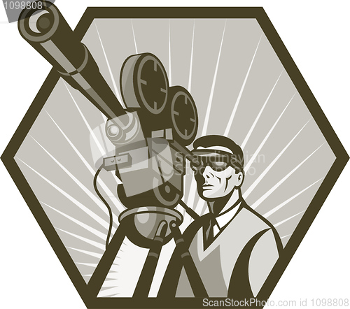 Image of Vintage movie or television film camera and director