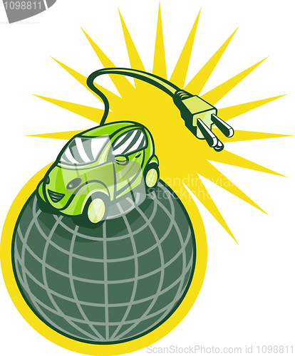 Image of Green electric car on top of world