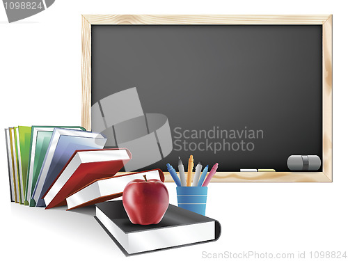 Image of Classroom with Chalkboard Books Pens and Apple
