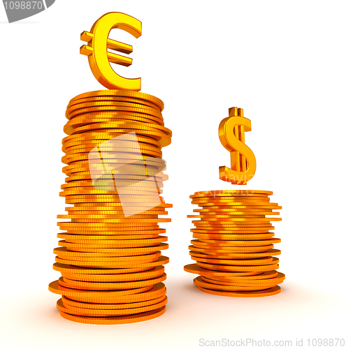 Image of Golden Euro and Dollar symbols over coins stacks