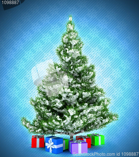 Image of Xmas tree with gifts over dark blue