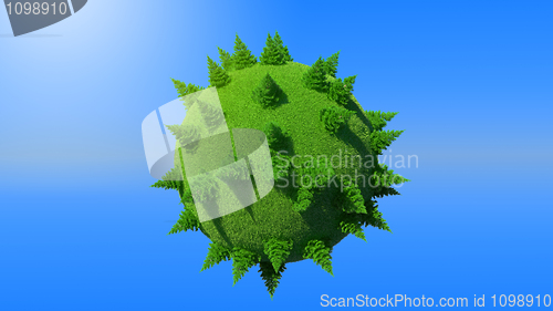 Image of Green Earth planet with firtrees
