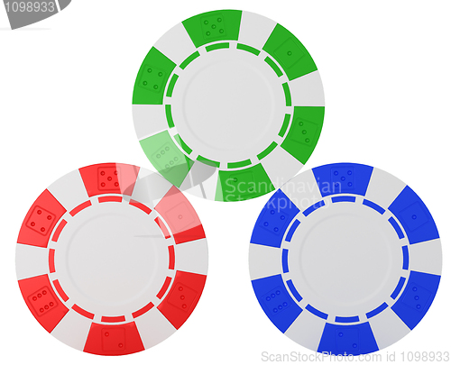 Image of Three Casino chips over white 