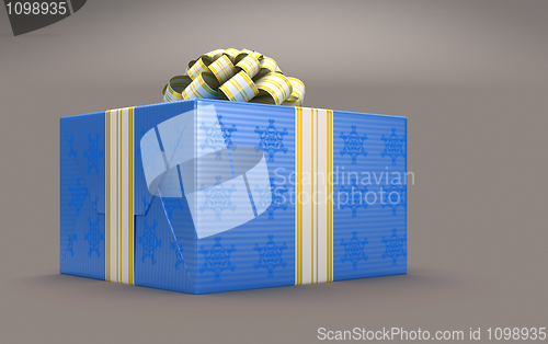 Image of Blue Present or gift box with bow over grey