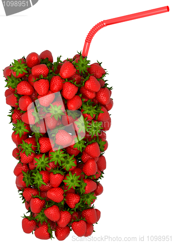 Image of Glass shape assembled of strawberry with straw