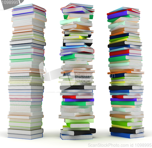 Image of Education and wisdom. Tall heaps of hardcovered books 