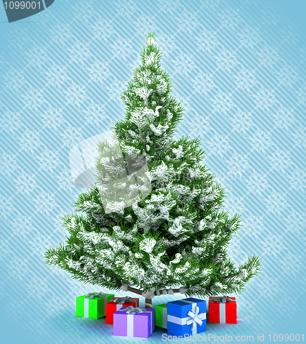 Image of Xmas tree with presents over blue snowflakes