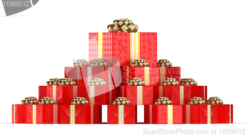 Image of Pile of red gift boxes with presents