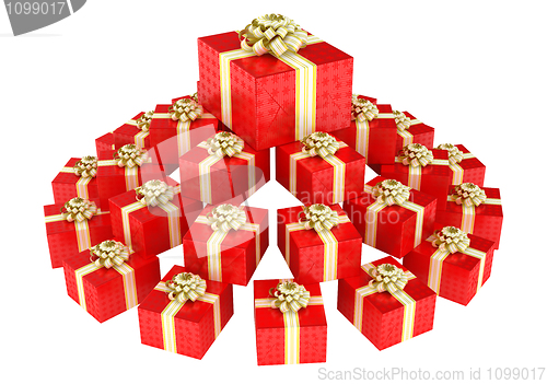 Image of Cone shaped heap of red gift boxes 