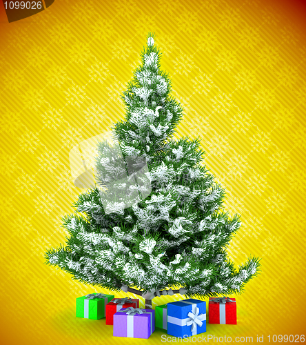 Image of Christmas tree with gifts over yellow