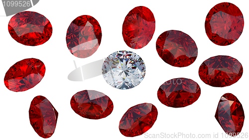 Image of Large diamond among red rubies