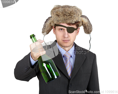 Image of Russian business man in hat earflaps, offers to drink alcohol