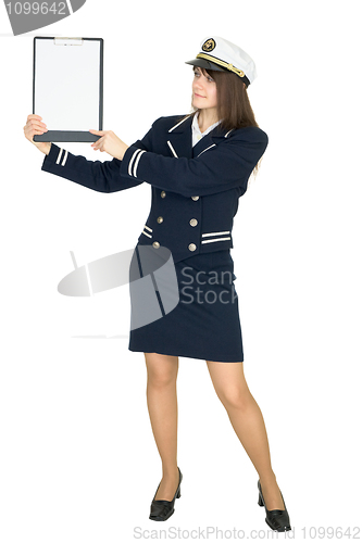 Image of Woman in uniform sea captain with tablet, isolated on white back