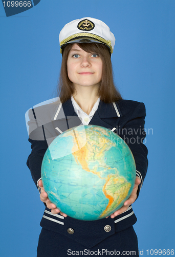 Image of Girl in sea uniform with globe