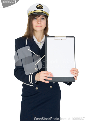 Image of Woman in sailor suit on white with a tablet in hands