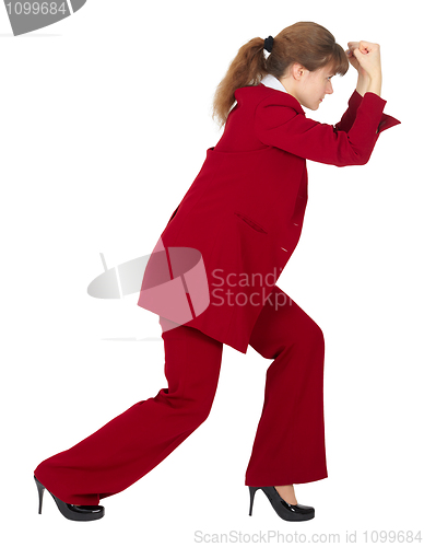 Image of Woman is protected from strong impact on white background