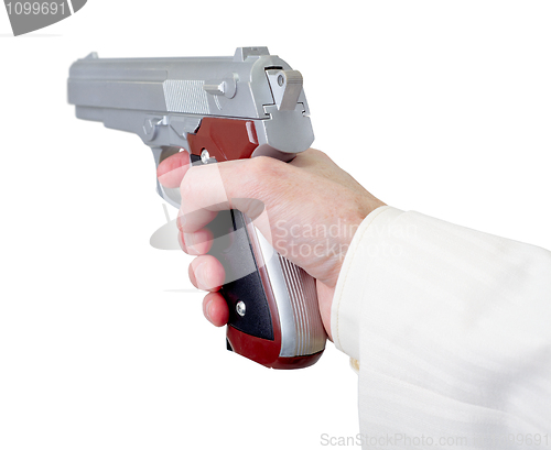 Image of Hand holds a gun isolated on white background