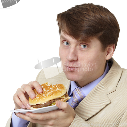 Image of Young businessman is the dinner isolated on white background